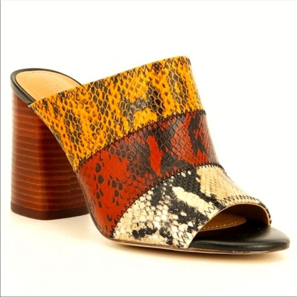 GIBSON LATIMER White Snakeskin Colorblock Stripe Wedge Stacked Heeled Mules 11 - Picture 6 of 6